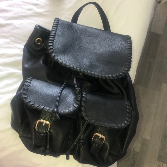 Handbags - BLACK FAUX LEATHER DRAWSTRING BACKPACK BOHO